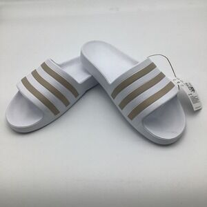 Adidas Adilette Aqua Slides EF1730 White Tan 3 Stripe Slip On Sandals Size 9 NWT
